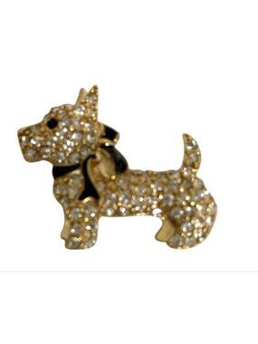 Vintage Monet Rhinestone-Encrusted Scottie Dog Brooch Pin with Black Bow Accent
